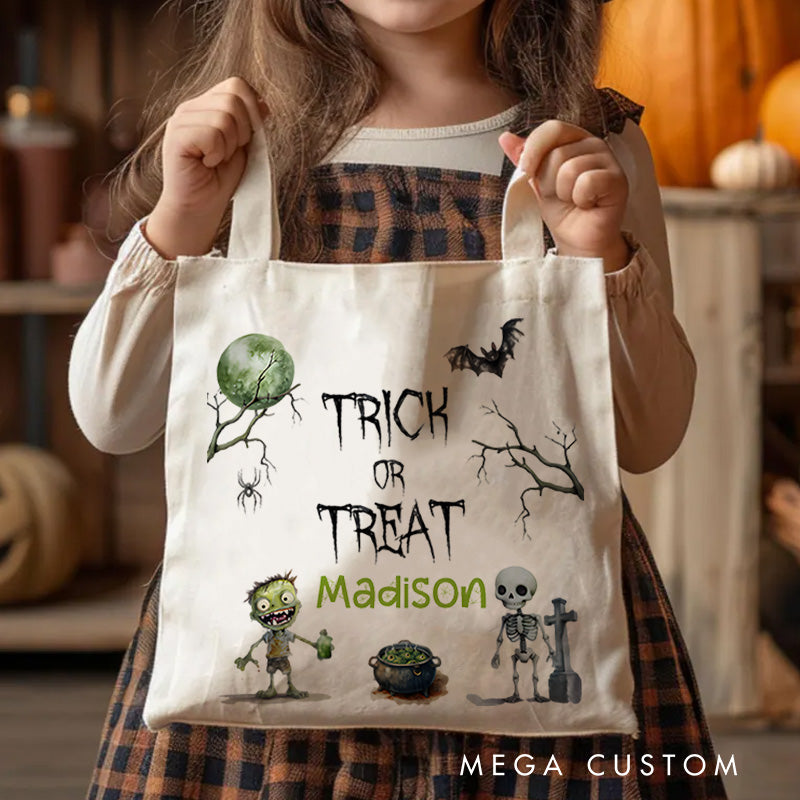 【🔥Hot Sale🔥】Personalized Trick or Treat Illustration Featuring Skeleton Bat and Name for a Creepy Halloween Decoration Tote Bag