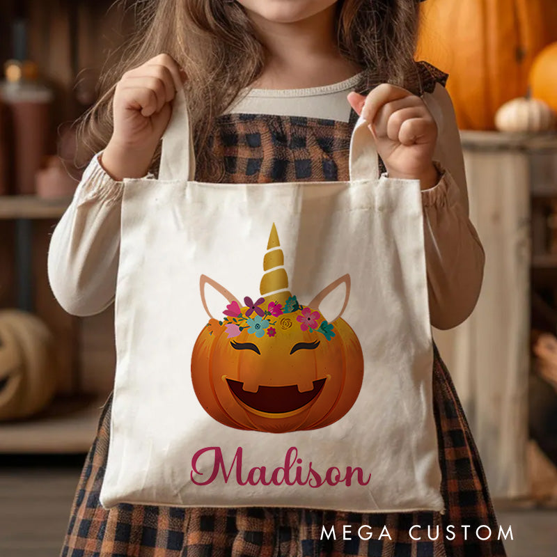 【🔥Hot Sale🔥】Personalized Pumpkin Illustration with Floral Crown Featuring Name for a Unique Halloween Accent Tote Bag