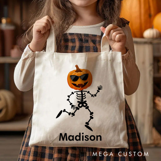 【🔥Hot Sale🔥】Personalized Skeleton Illustration with Pumpkin Head Featuring Name for a Playful Halloween Accent Tote Bag