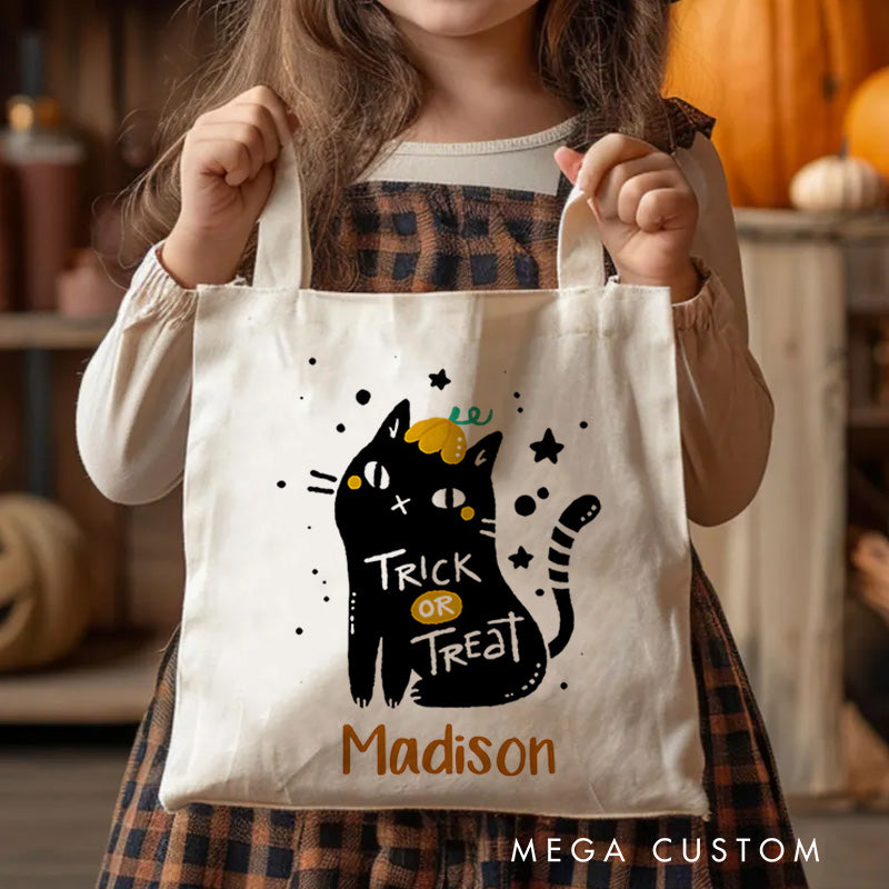 【🔥Hot Sale🔥】Personalized Black Cat Trick or Treat Illustration Featuring Name for a Cute and Spooky Halloween Accent Tote Bag