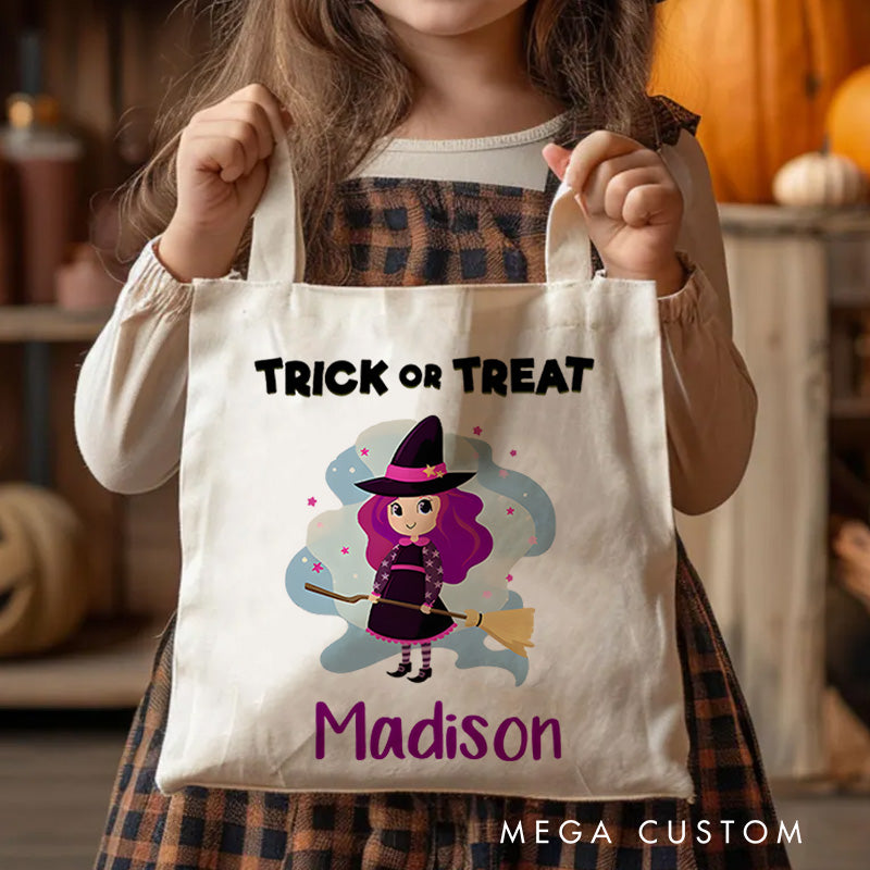 【🔥Hot Sale🔥】Personalized Witch Trick or Treat Illustration Featuring Name for a Fun and Spooky Halloween Celebration Tote Bag