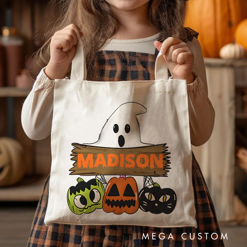 【🔥Hot Sale🔥】Personalized Ghost and Pumpkin Illustration Featuring Name for a Cute and Festive Halloween Accent Tote Bag