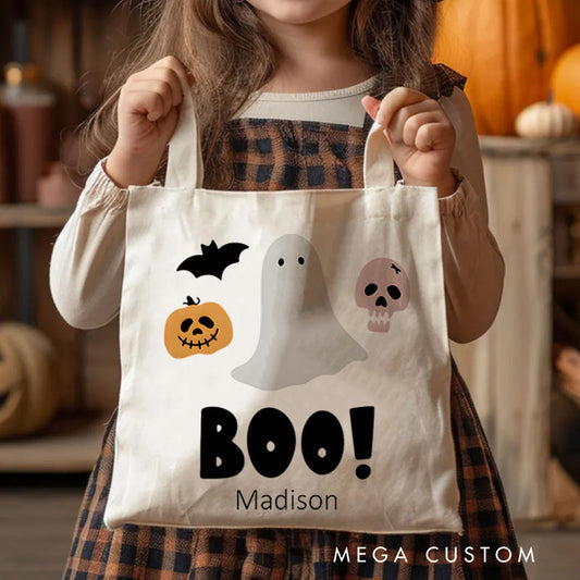 【🔥Hot Sale🔥】Personalized Boo Ghost Illustration Featuring Name for a Fun and Spooky Halloween Decoration Tote Bag