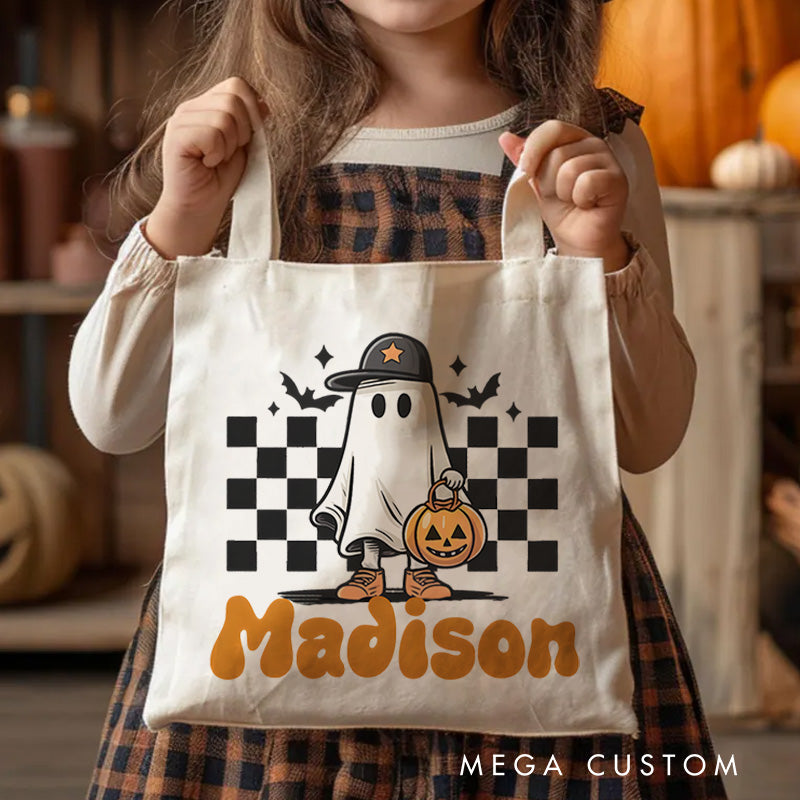 【🔥Hot Sale🔥】Personalized Ghost and Checkered Pattern Illustration Featuring Name for a Unique Halloween Accent Tote Bag