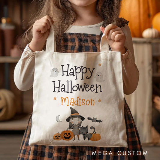 【🔥Hot Sale🔥】Personalized Happy Halloween Illustration Featuring Ghosts Pumpkins and Name for a Delightful Halloween Accent Tote Bag