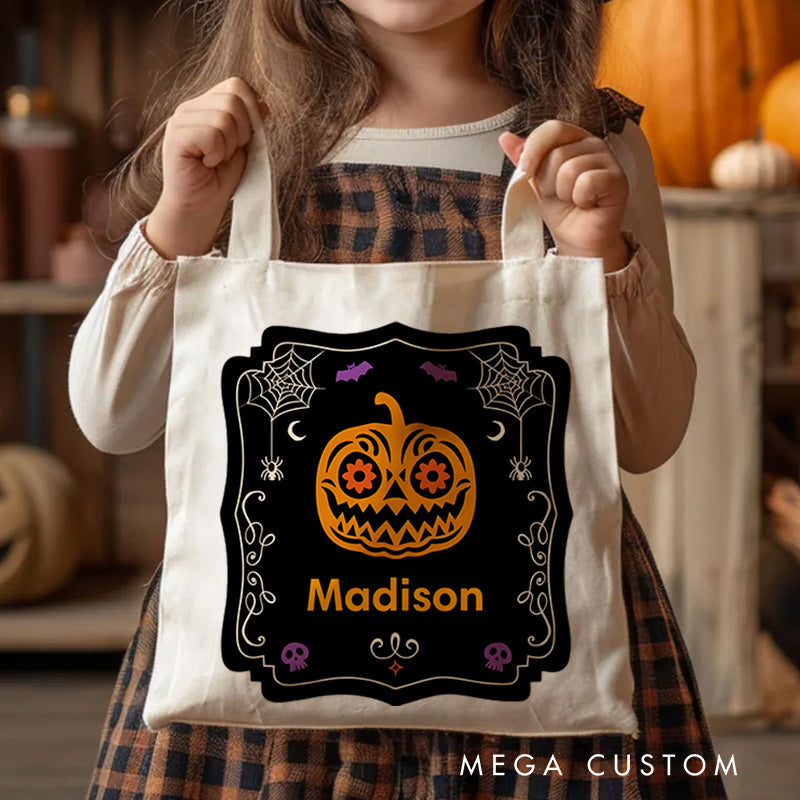 【🔥Hot Sale🔥】Personalized Halloween Pumpkin Illustration Featuring Name with Elegant Frame for a Stylish Halloween Accent Tote Bag