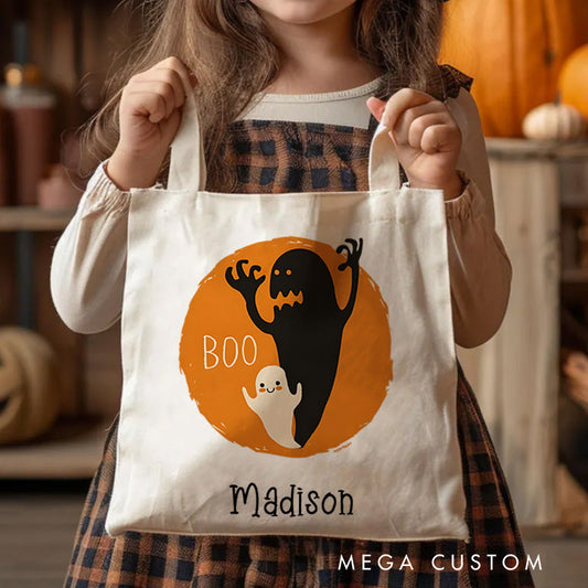 【🔥Hot Sale🔥】Personalized Boo Ghost Illustration Featuring Name with Orange Background for a Fun Halloween Celebration Tote Bag