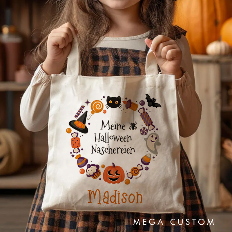 【🔥Hot Sale🔥】Personalized Halloween Treat Wreath Featuring Pumpkins Candy and Cats for a Festive Celebration Tote Bag