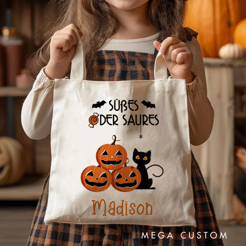 【🔥Hot Sale🔥】Personalized Trick or Treat Featuring Pumpkins Cats and Ghosts for a Fun Halloween Accent Tote Bag