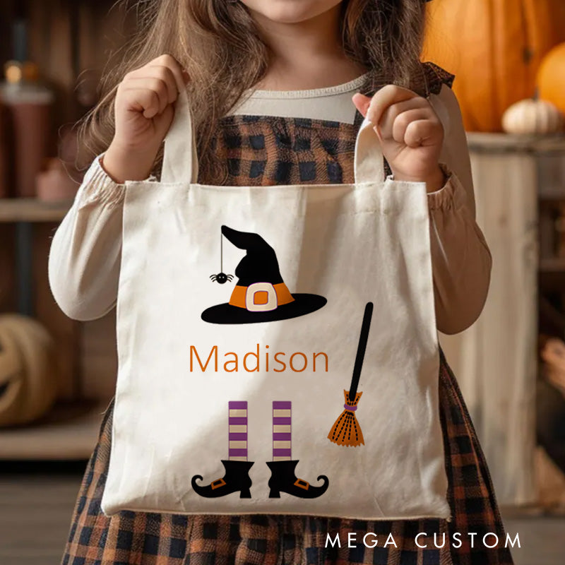 【🔥Hot Sale🔥】Personalized Witch Hat and Broom Featuring Name for a Fun Halloween Celebration Tote Bag