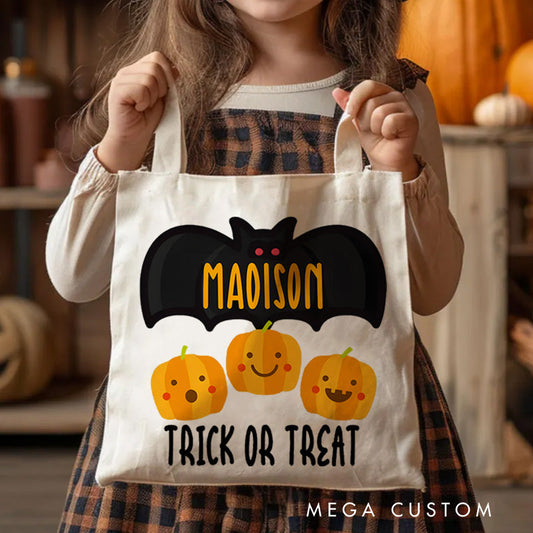 【🔥Hot Sale🔥】Personalized Bat and Pumpkin Featuring Name for a Spooky and Playful Trick or Treat Tote Bag