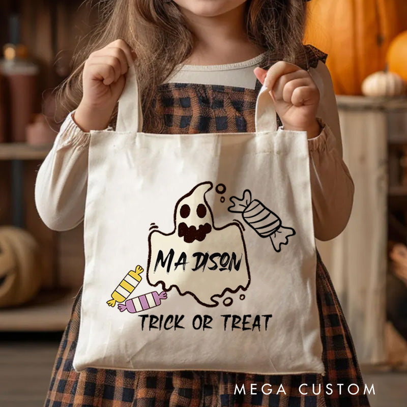 【🔥Hot Sale🔥】Personalized Ghost Featuring Name and Candy Accents for a Festive Halloween Celebration Tote Bag