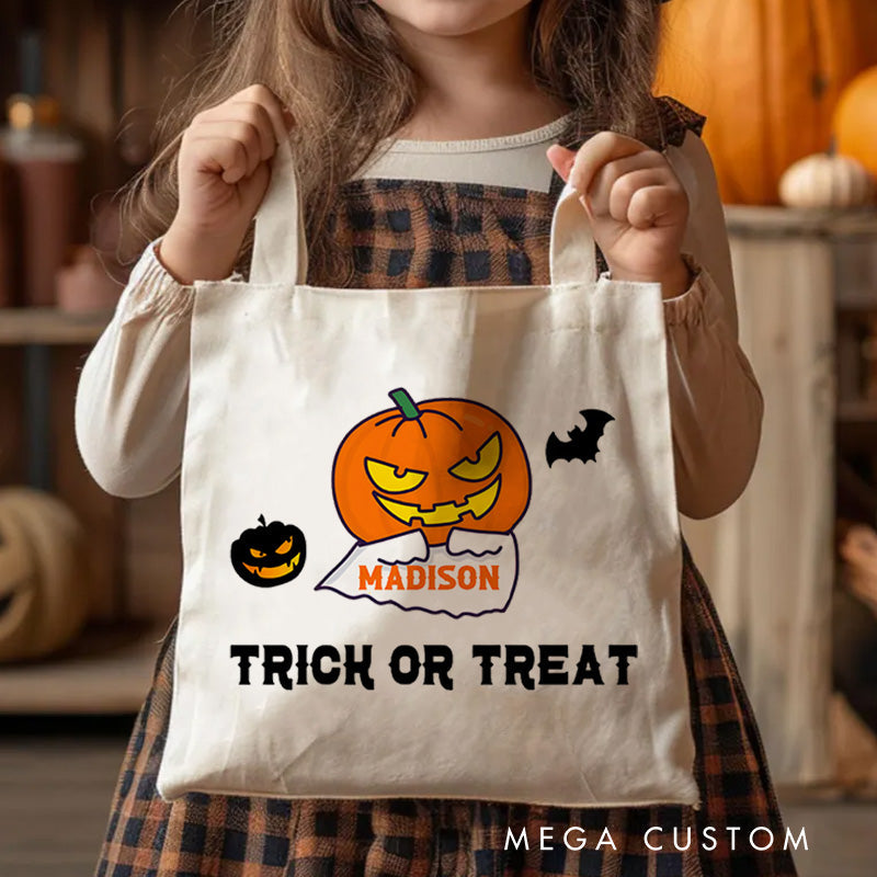 【🔥Hot Sale🔥】Personalized Pumpkin Head Featuring Name for a Fun and Spooky Trick or Treat Tote Bag
