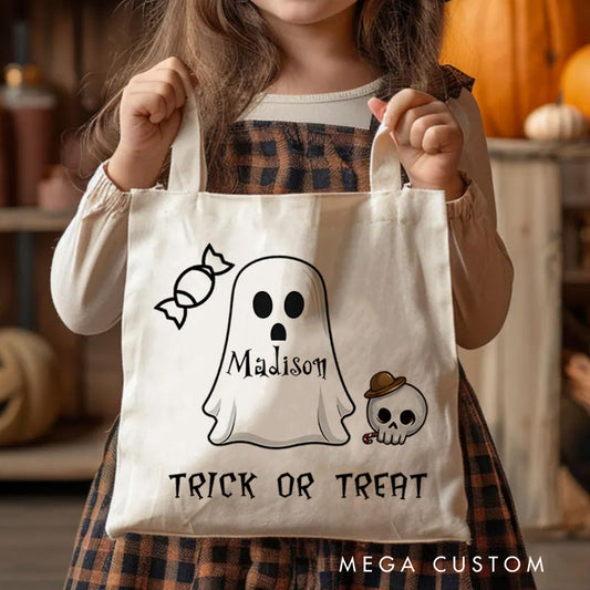 【🔥Hot Sale🔥】Personalized Ghost Featuring Name and Skull Accents for a Cute Halloween Celebration Tote Bag