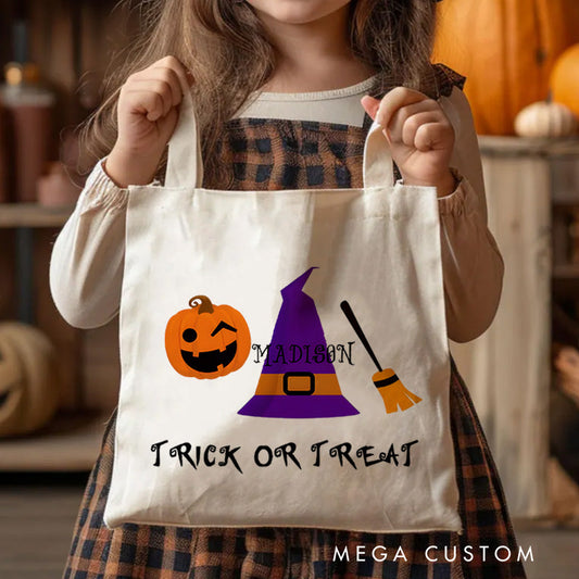 【🔥Hot Sale🔥】Personalized Witch Hat and Pumpkin Featuring Name for a Festive Halloween Accent Tote Bag