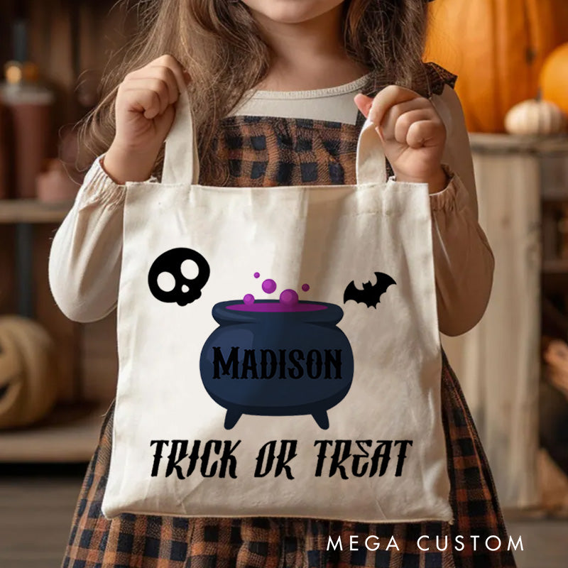 【🔥Hot Sale🔥】Personalized Cauldron Featuring Name and Halloween Symbols for a Spooky Trick or Treat Tote Bag