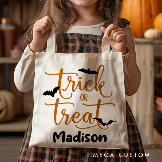 【🔥Hot Sale🔥】Personalized Trick or Treat Featuring Elegant Typography and Name for a Stylish Halloween Tote Bag