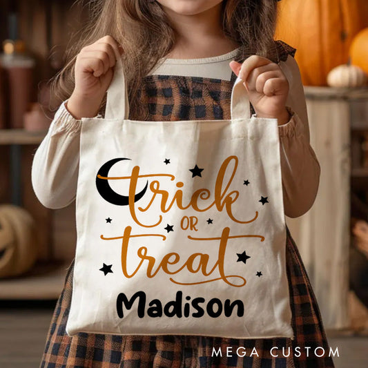 【🔥Hot Sale🔥】Personalized Trick or Treat Featuring Moon Stars and Name for a Magical Halloween Accent Tote Bag