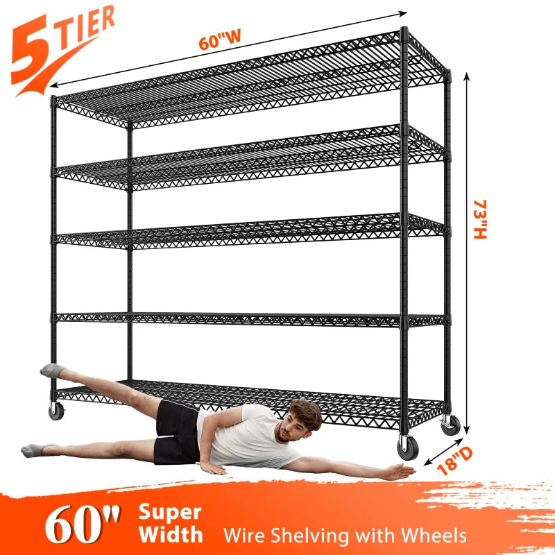 【🔥Factory Direct Clearout Sale🔥】60" W Steel Wire Shelving Units on Wheels, 5-Tier Adjustable, 3200lbs Heavy Duty Storage Shelves for Garage Kitchen Pantry Commercial