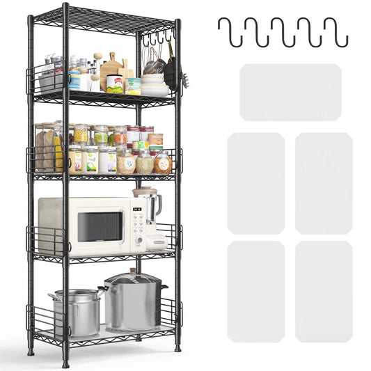 【🔥Factory Direct Clearout Sale🔥】21.7"W Wire Shelving Units, 5-Tier Adjustable Metal Shelves with 5 Hooks & Shelf Liners, Storage Rack for Pantry Bathroom Dorm