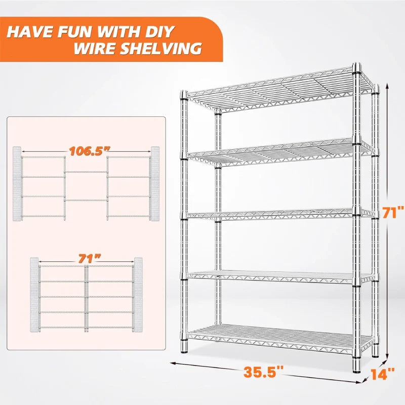 【🔥Factory Direct Clearout Sale🔥】35.5"W Wire Shelving, 5-Tier Adjustable Metal Shelves for Kitchen Pantry Loads 1200LBS,Chrome