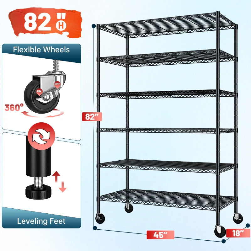 【🔥Factory Direct Clearout Sale🔥】45"W x 82"H Wire Shelving with Wheels, 6-Tier Adjustable Steel Shelves Load 1200LBS, Storage Racks for Kitchen Pantry Closet