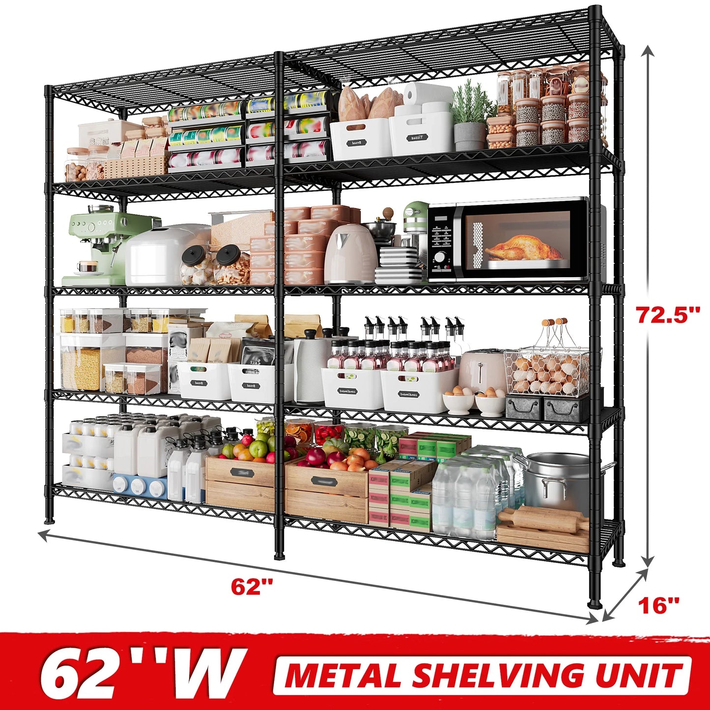 【🔥Factory Direct Clearout Sale🔥】2 Pack Wire Shelving Units, 62"W Adjustable Storage Shleves Load 1550LBS, Metal Rack for Pantry Kichen Commercial