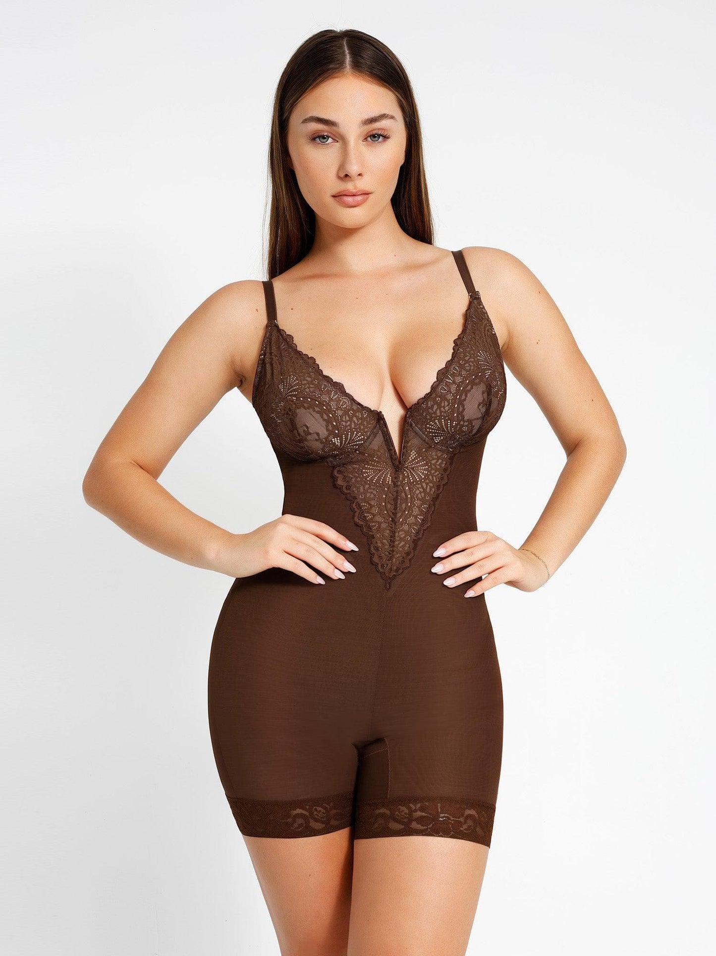 【🔥Hot Sale🔥】Shapewear Lace Deep-V Neck Bodysuits or Faux Leather Skirts