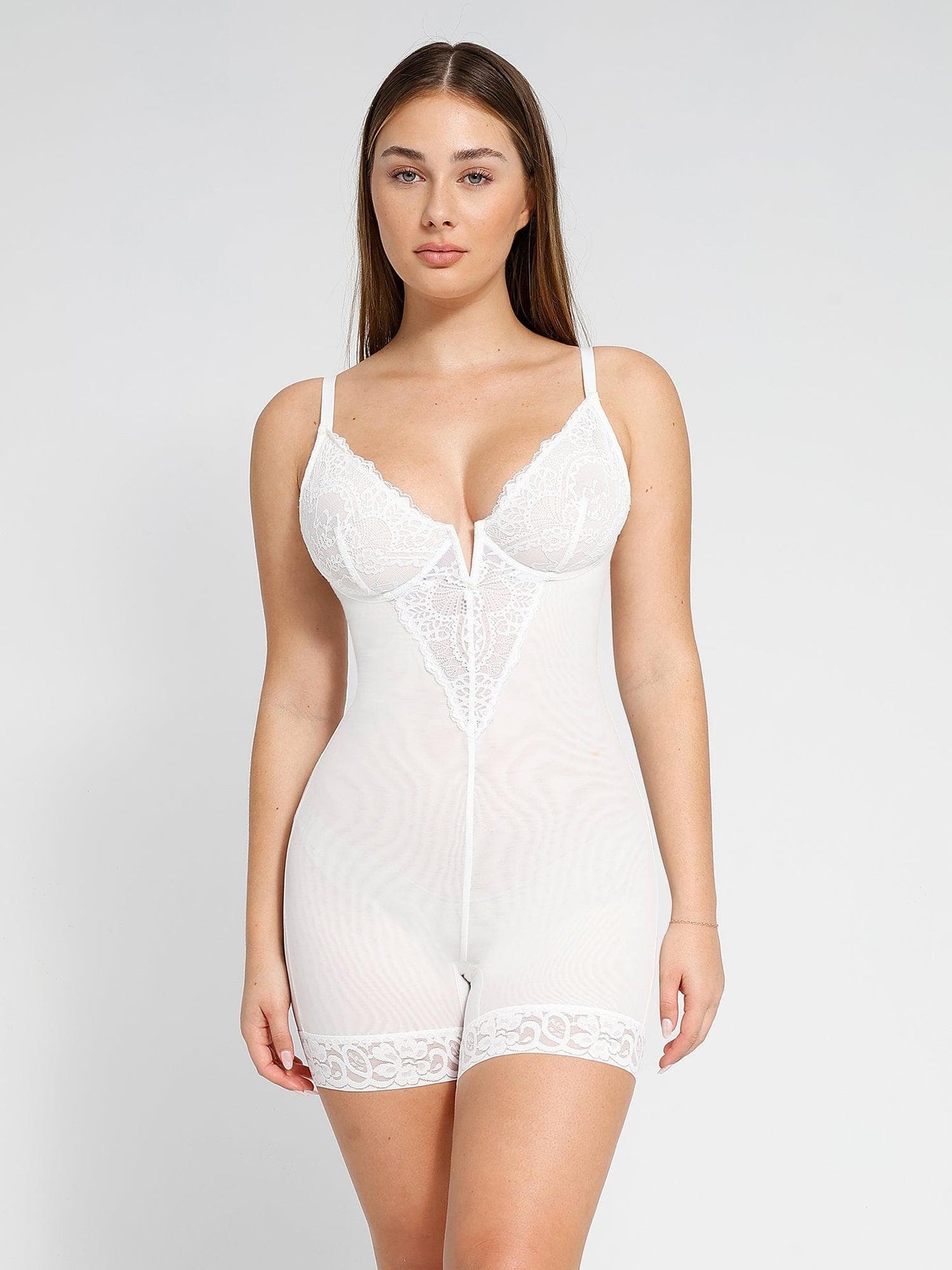 【🔥Hot Sale🔥】Shapewear Lace Deep-V Neck Bodysuits or Faux Leather Skirts