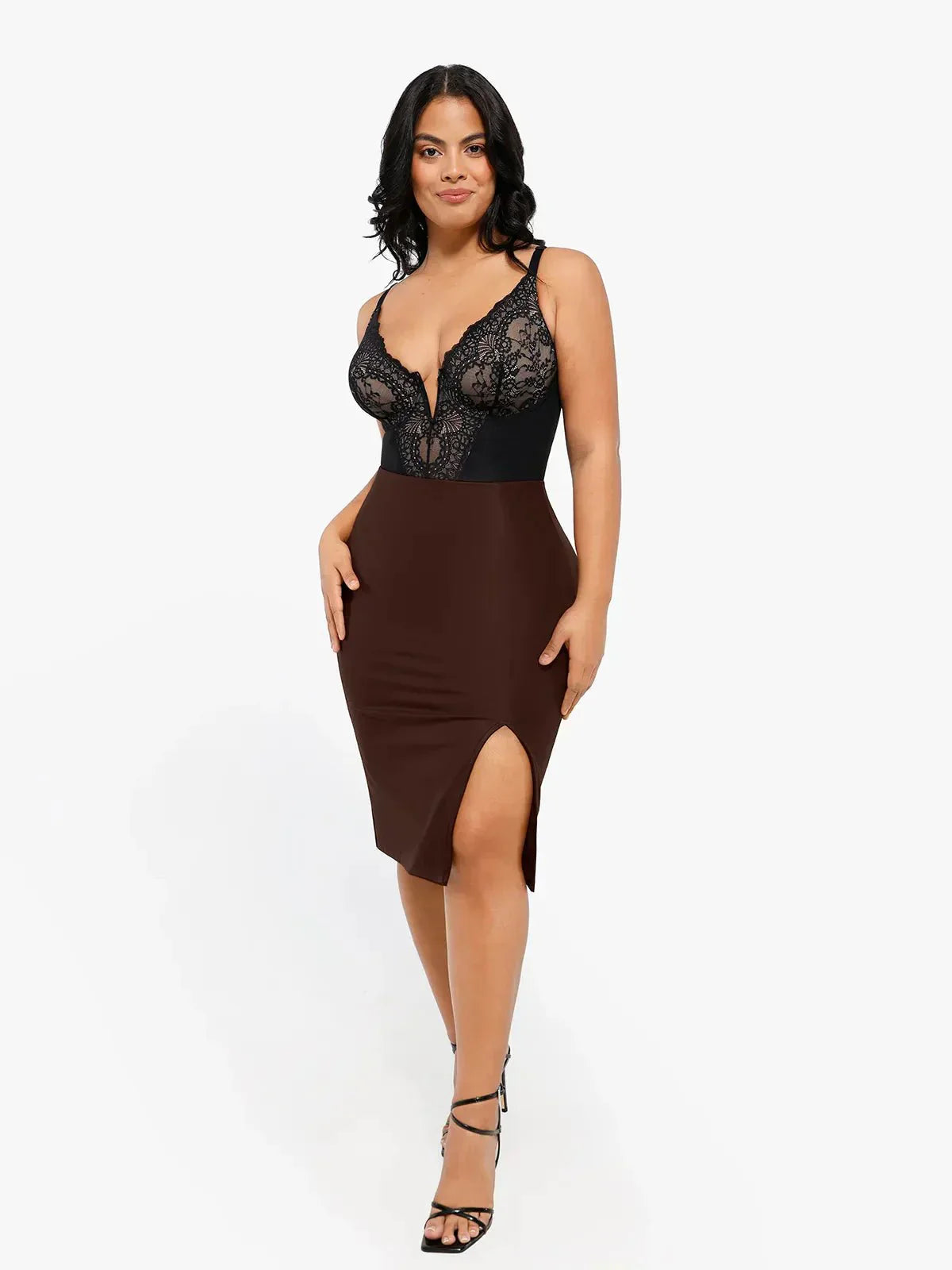 【🔥Hot Sale🔥】Shapewear Lace Deep-V Neck Bodysuits or Faux Leather Skirts