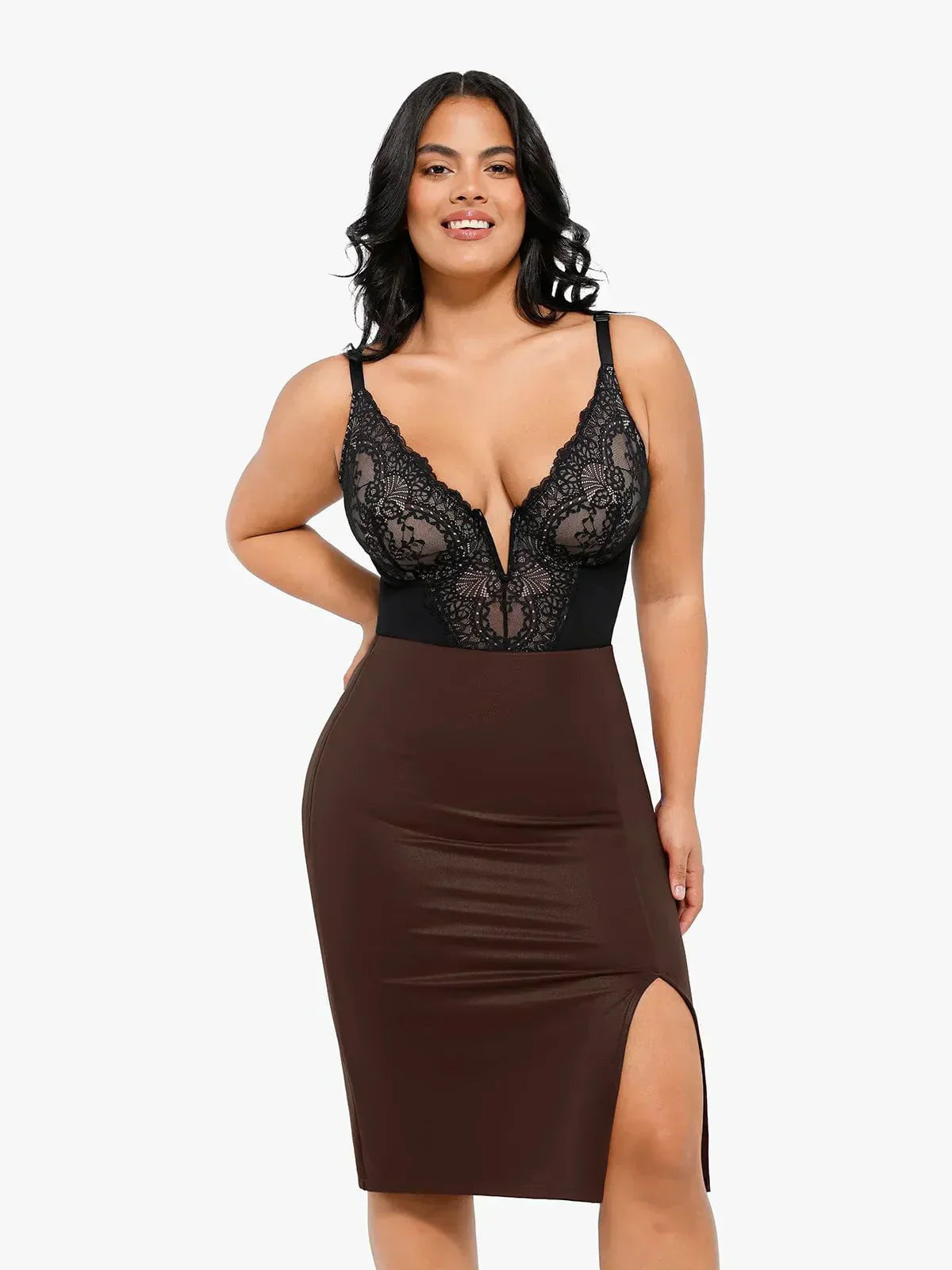 【🔥Hot Sale🔥】Shapewear Lace Deep-V Neck Bodysuits or Faux Leather Skirts